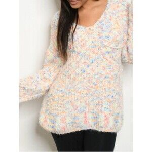 Pastel Multicolor V-Neck Fuzzy Sweater Soft Knit Cozy Lightweight Size M